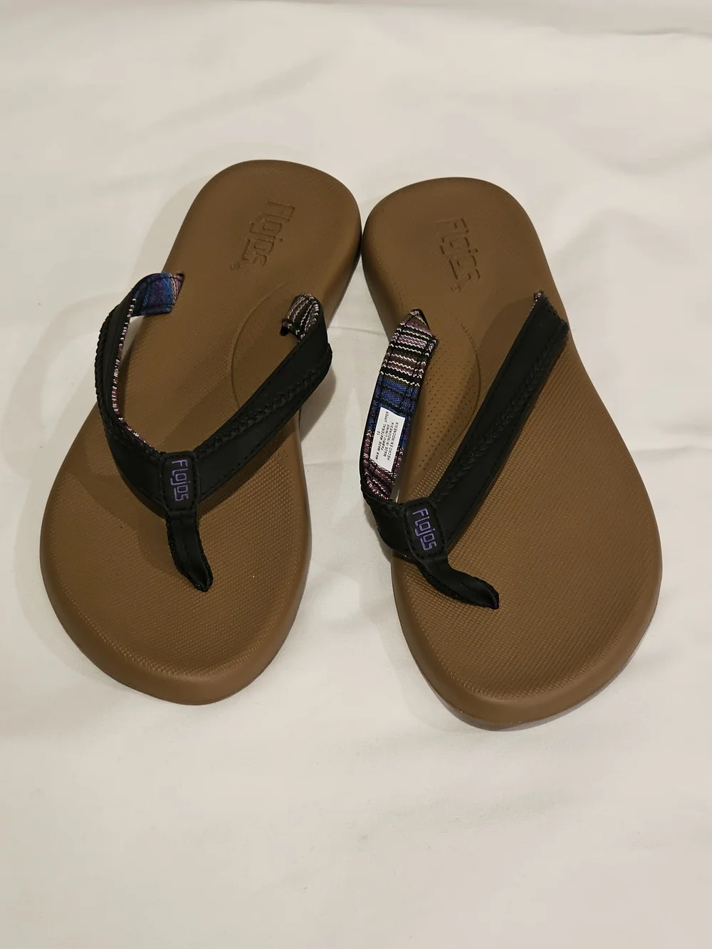 Flojos Brown Footbed Flip Flops with Black & Multicolor Straps